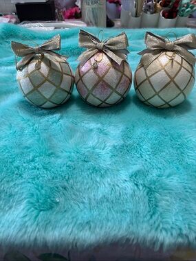MacKenzie-Childs Gold Lattice White and Pale Pink Holiday Ornaments - Set of 3